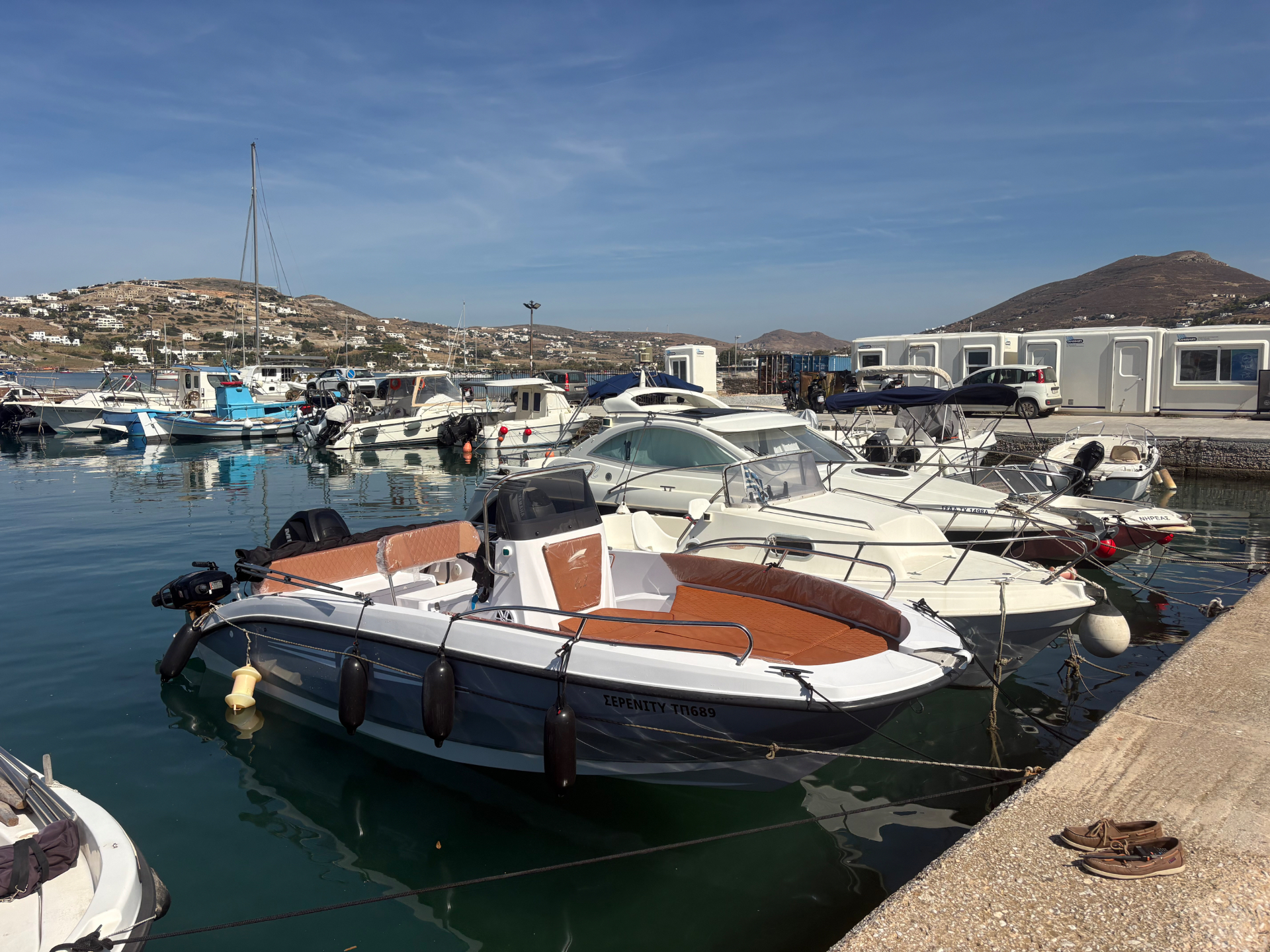 Serenity — boat rental license required in Paros, Pounta port